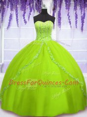 Great Sleeveless Floor Length Beading Lace Up Sweet 16 Dresses with Yellow Green
