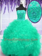 Turquoise Sweet 16 Quinceanera Dress Military Ball and Sweet 16 and Quinceanera and For with Beading and Appliques and Ruffles Strapless Sleeveless Brush Train Lace Up