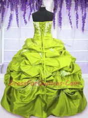 Free and Easy Yellow Green Sleeveless Appliques and Pick Ups Floor Length Vestidos de Quinceanera