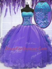 Elegant Strapless Sleeveless Lace Up 15th Birthday Dress Lavender Organza