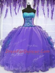 Elegant Strapless Sleeveless Lace Up 15th Birthday Dress Lavender Organza