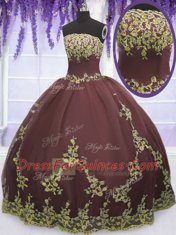Sleeveless Tulle Floor Length Zipper Sweet 16 Quinceanera Dress in Chocolate with Lace and Appliques