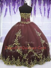 Sleeveless Tulle Floor Length Zipper Sweet 16 Quinceanera Dress in Chocolate with Lace and Appliques
