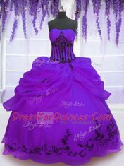 Purple Ball Gowns Strapless Sleeveless Organza Floor Length Lace Up Embroidery Quince Ball Gowns