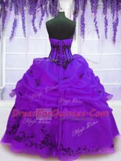 Purple Ball Gowns Strapless Sleeveless Organza Floor Length Lace Up Embroidery Quince Ball Gowns