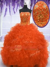 Superior Strapless Sleeveless Organza Sweet 16 Quinceanera Dress Beading and Appliques and Ruffles Brush Train Lace Up