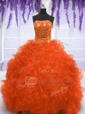 Superior Strapless Sleeveless Organza Sweet 16 Quinceanera Dress Beading and Appliques and Ruffles Brush Train Lace Up