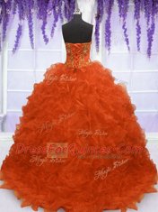 Superior Strapless Sleeveless Organza Sweet 16 Quinceanera Dress Beading and Appliques and Ruffles Brush Train Lace Up