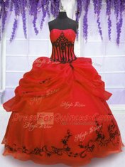 Dramatic Pick Ups Strapless Sleeveless Lace Up Quinceanera Gowns Red Organza