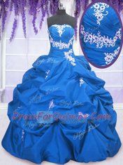 Sumptuous Taffeta Strapless Sleeveless Lace Up Appliques and Pick Ups Quinceanera Dress in Blue