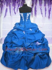 Sumptuous Taffeta Strapless Sleeveless Lace Up Appliques and Pick Ups Quinceanera Dress in Blue