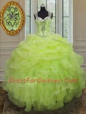 Yellow Green Zipper Straps Beading and Ruffles Vestidos de Quinceanera Organza Sleeveless