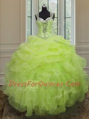 Yellow Green Zipper Straps Beading and Ruffles Vestidos de Quinceanera Organza Sleeveless