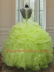 Yellow Green Zipper Straps Beading and Ruffles Vestidos de Quinceanera Organza Sleeveless