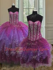 Customized Three Piece Sleeveless Floor Length Beading Lace Up Quinceanera Gowns with Multi-color