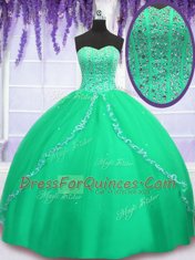 Customized Green Sweetheart Lace Up Beading and Sequins Quince Ball Gowns Sleeveless