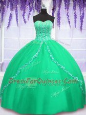 Customized Green Sweetheart Lace Up Beading and Sequins Quince Ball Gowns Sleeveless