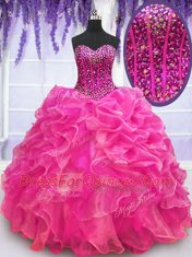 New Arrival Hot Pink Lace Up Sweetheart Beading and Ruffles 15 Quinceanera Dress Organza Sleeveless
