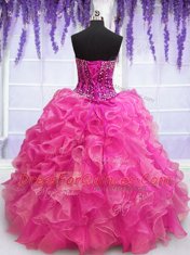 New Arrival Hot Pink Lace Up Sweetheart Beading and Ruffles 15 Quinceanera Dress Organza Sleeveless