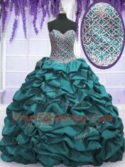 Traditional Sequins Pick Ups Teal Sleeveless Taffeta Lace Up Quinceanera Gown for Military Ball and Sweet 16 and Quinceanera