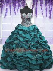 Traditional Sequins Pick Ups Teal Sleeveless Taffeta Lace Up Quinceanera Gown for Military Ball and Sweet 16 and Quinceanera