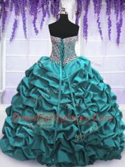 Traditional Sequins Pick Ups Teal Sleeveless Taffeta Lace Up Quinceanera Gown for Military Ball and Sweet 16 and Quinceanera