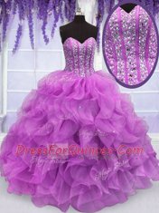 Lovely Lilac Sleeveless Floor Length Beading and Ruffles Lace Up Quinceanera Gown