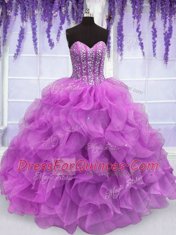 Lovely Lilac Sleeveless Floor Length Beading and Ruffles Lace Up Quinceanera Gown