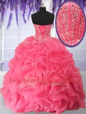 Affordable Sweetheart Sleeveless Sweet 16 Quinceanera Dress Floor Length Beading and Ruffles Rose Pink Organza