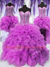 Colorful Four Piece Fuchsia Lace Up Sweetheart Ruffles and Sequins Ball Gown Prom Dress Organza Sleeveless