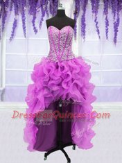 Colorful Four Piece Fuchsia Lace Up Sweetheart Ruffles and Sequins Ball Gown Prom Dress Organza Sleeveless