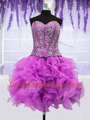 Colorful Four Piece Fuchsia Lace Up Sweetheart Ruffles and Sequins Ball Gown Prom Dress Organza Sleeveless
