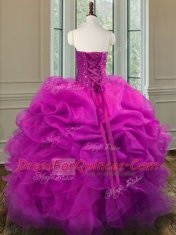 Fuchsia Organza Lace Up Sweetheart Sleeveless Floor Length Quinceanera Gown Beading and Ruffles