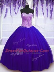 Custom Fit Blue Lace Up Sweetheart Beading Sweet 16 Quinceanera Dress Tulle Sleeveless