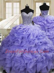 Sweetheart Sleeveless Sweet 16 Dress Sweep Train Beading and Ruffles Lavender Organza