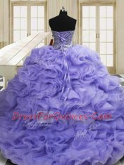 Sweetheart Sleeveless Sweet 16 Dress Sweep Train Beading and Ruffles Lavender Organza