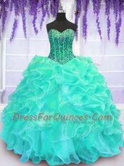Romantic Turquoise Ball Gowns Sweetheart Sleeveless Organza Floor Length Lace Up Beading and Ruffles Vestidos de Quinceanera