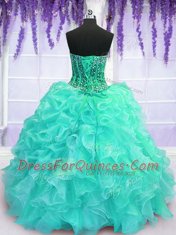 Romantic Turquoise Ball Gowns Sweetheart Sleeveless Organza Floor Length Lace Up Beading and Ruffles Vestidos de Quinceanera
