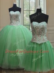 Decent Three Piece Tulle Sleeveless Floor Length Sweet 16 Dress and Beading