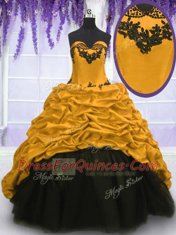Sexy Sweetheart Sleeveless Quinceanera Gown Sweep Train Appliques and Pick Ups Gold Taffeta