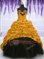 Sexy Sweetheart Sleeveless Quinceanera Gown Sweep Train Appliques and Pick Ups Gold Taffeta