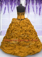 Sexy Sweetheart Sleeveless Quinceanera Gown Sweep Train Appliques and Pick Ups Gold Taffeta