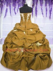Dazzling Brown Strapless Lace Up Appliques and Pick Ups Quinceanera Gown Sleeveless