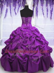 Suitable Purple Taffeta Lace Up Sweetheart Sleeveless Floor Length Sweet 16 Quinceanera Dress Appliques and Pick Ups