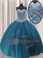 Sequins Sweetheart Sleeveless Lace Up Quinceanera Gowns Teal Tulle