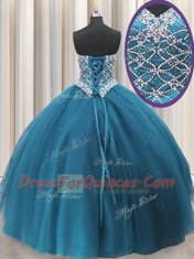 Sequins Sweetheart Sleeveless Lace Up Quinceanera Gowns Teal Tulle