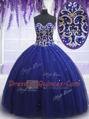 Lovely Royal Blue Tulle Lace Up Sweet 16 Dress Sleeveless Floor Length Beading