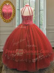 Wine Red Ball Gowns Tulle Halter Top Sleeveless Beading and Appliques Floor Length Lace Up 15 Quinceanera Dress