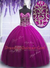 Customized Fuchsia Sweetheart Lace Up Beading 15 Quinceanera Dress Sleeveless
