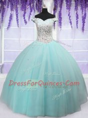 Low Price Tulle Off The Shoulder Short Sleeves Lace Up Beading 15 Quinceanera Dress in Light Blue